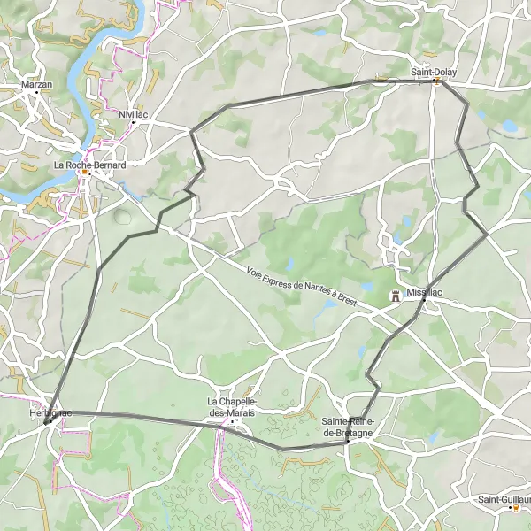 Map miniature of "Hidden Gems of Herbignac" cycling inspiration in Pays de la Loire, France. Generated by Tarmacs.app cycling route planner