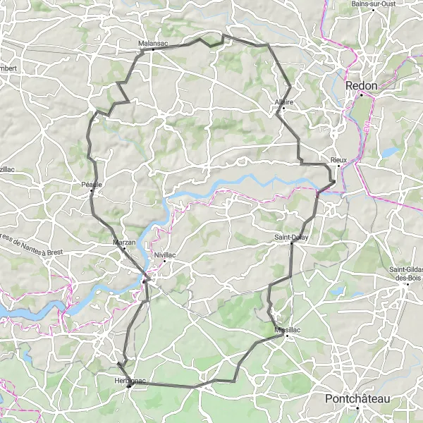 Miniature de la carte de l'inspiration cycliste "Excursion à vélo de Limerzel à Allaire" dans la Pays de la Loire, France. Générée par le planificateur d'itinéraire cycliste Tarmacs.app