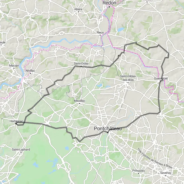 Map miniature of "Fégréac to La Chapelle-des-Marais Loop" cycling inspiration in Pays de la Loire, France. Generated by Tarmacs.app cycling route planner