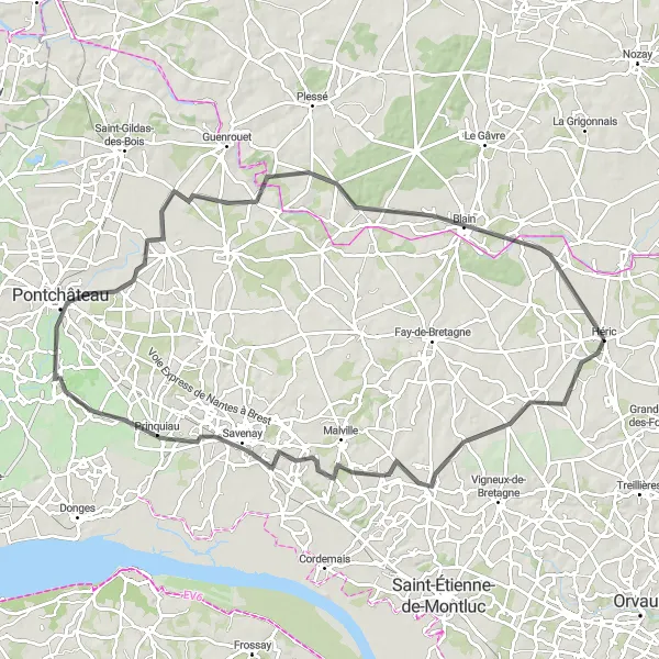 Map miniature of "Loop around Héric and Notre-Dame-des-Landes" cycling inspiration in Pays de la Loire, France. Generated by Tarmacs.app cycling route planner