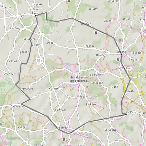 Map miniature of "Casson Countryside Ride" cycling inspiration in Pays de la Loire, France. Generated by Tarmacs.app cycling route planner