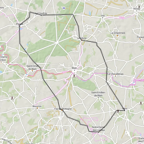 Map miniature of "The Tranquil Le Gâvre Route" cycling inspiration in Pays de la Loire, France. Generated by Tarmacs.app cycling route planner