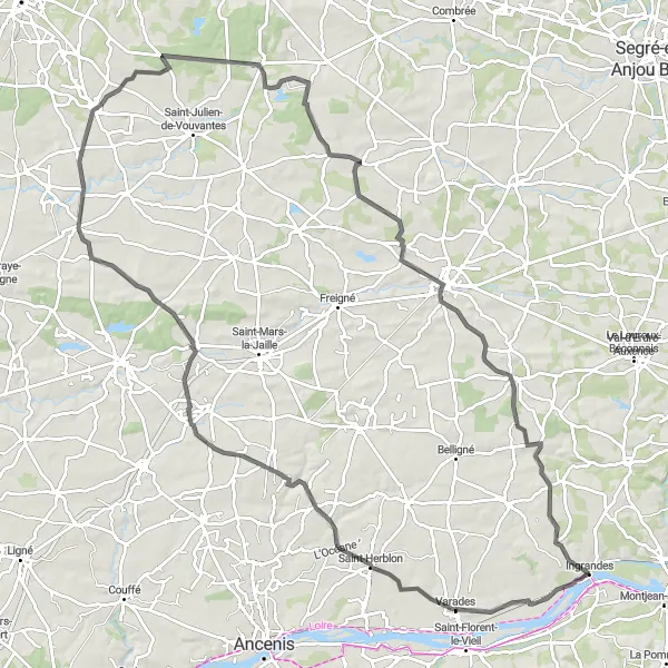 Map miniature of "Vineyard Adventure" cycling inspiration in Pays de la Loire, France. Generated by Tarmacs.app cycling route planner