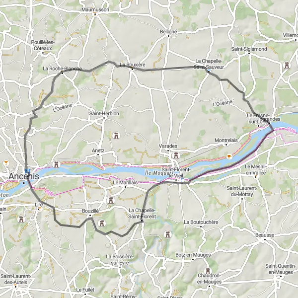 Map miniature of "Picturesque Road Cycling Route near Ingrandes" cycling inspiration in Pays de la Loire, France. Generated by Tarmacs.app cycling route planner