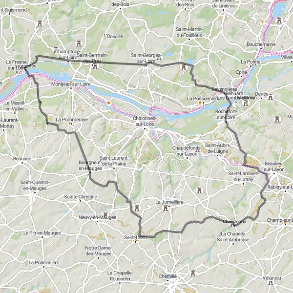 Map miniature of "Memorable Castles Tour" cycling inspiration in Pays de la Loire, France. Generated by Tarmacs.app cycling route planner