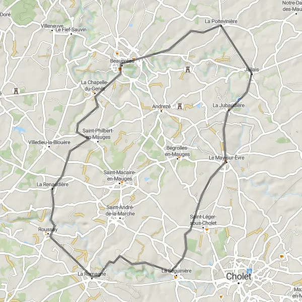 Map miniature of "Scenic Loop through Le May-sur-Èvre and Roussay" cycling inspiration in Pays de la Loire, France. Generated by Tarmacs.app cycling route planner