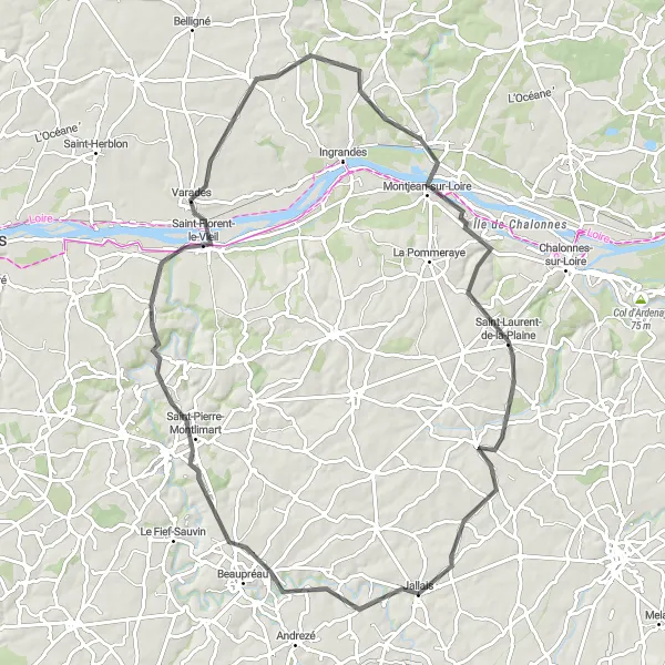 Map miniature of "Challenging Ride to Varades and Montjean-sur-Loire" cycling inspiration in Pays de la Loire, France. Generated by Tarmacs.app cycling route planner
