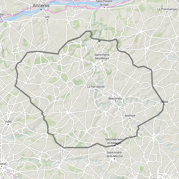 Map miniature of "Panoramic Tour of Bégrolles-en-Mauges and Saint-Laurent-des-Autels" cycling inspiration in Pays de la Loire, France. Generated by Tarmacs.app cycling route planner