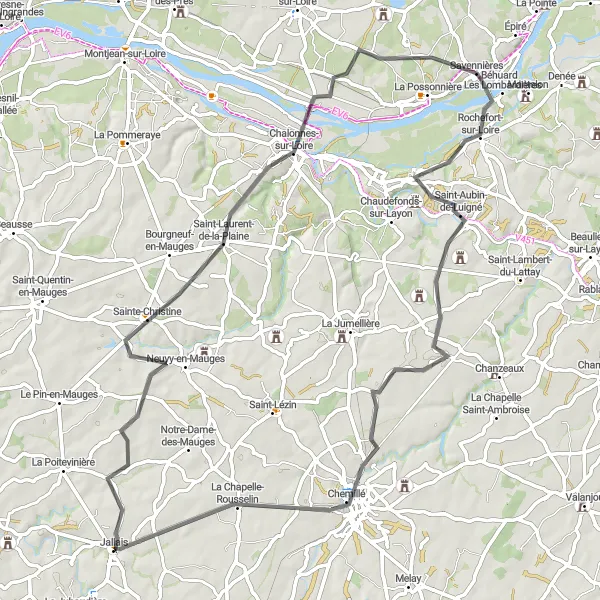 Map miniature of "An Idyllic Journey through the Layon Valley" cycling inspiration in Pays de la Loire, France. Generated by Tarmacs.app cycling route planner