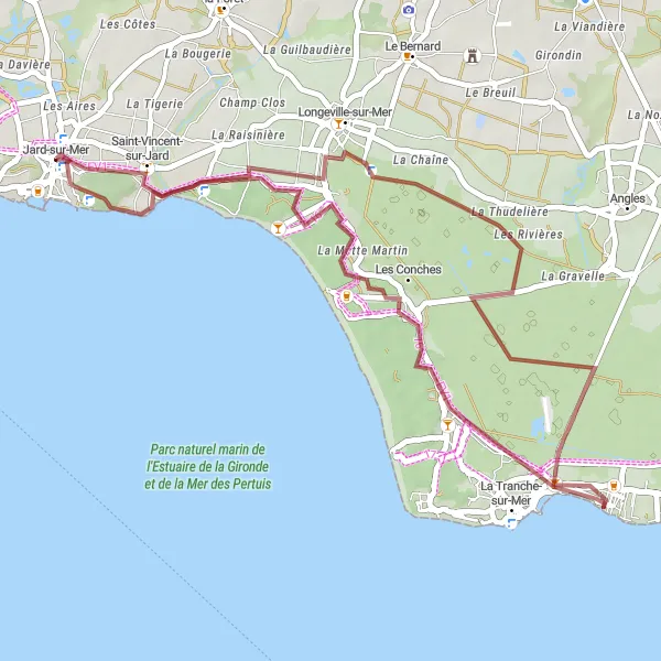 Map miniature of "Scenic Gravel Route to Longeville-sur-Mer" cycling inspiration in Pays de la Loire, France. Generated by Tarmacs.app cycling route planner