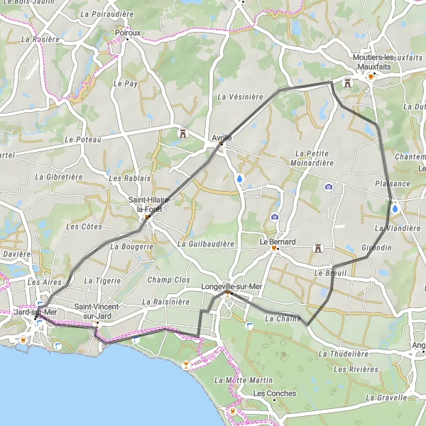 Map miniature of "Scenic Road Route to Longeville-sur-Mer" cycling inspiration in Pays de la Loire, France. Generated by Tarmacs.app cycling route planner