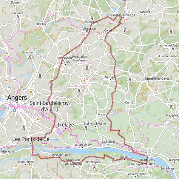 Miniature de la carte de l'inspiration cycliste "Aventure Gravel à Travers la Nature" dans la Pays de la Loire, France. Générée par le planificateur d'itinéraire cycliste Tarmacs.app
