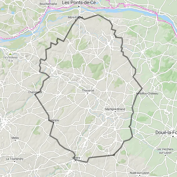 Map miniature of "Vineyards and Valleys" cycling inspiration in Pays de la Loire, France. Generated by Tarmacs.app cycling route planner