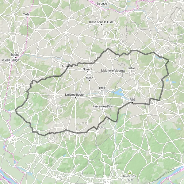 Miniature de la carte de l'inspiration cycliste "Boucle à vélo de Jumelles" dans la Pays de la Loire, France. Générée par le planificateur d'itinéraire cycliste Tarmacs.app