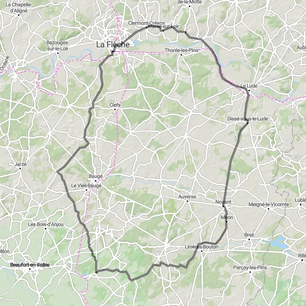 Miniature de la carte de l'inspiration cycliste "Parcours des Châteaux de la Loire" dans la Pays de la Loire, France. Générée par le planificateur d'itinéraire cycliste Tarmacs.app