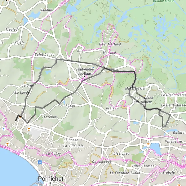 Map miniature of "Les Morélaines and Marais d'Ust Route" cycling inspiration in Pays de la Loire, France. Generated by Tarmacs.app cycling route planner