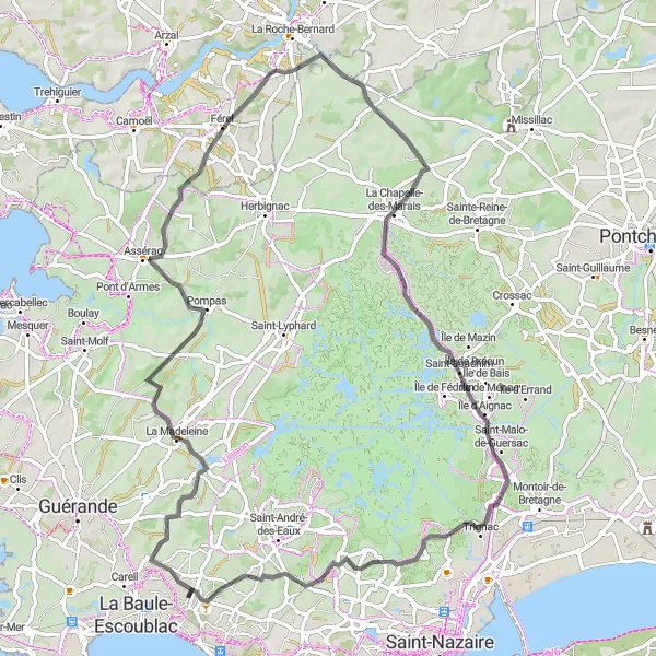 Map miniature of "Scenic Tour to Férel" cycling inspiration in Pays de la Loire, France. Generated by Tarmacs.app cycling route planner