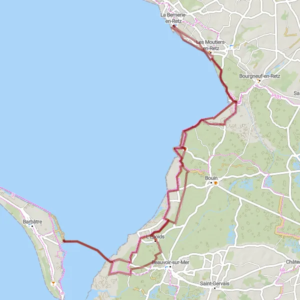 Miniature de la carte de l'inspiration cycliste "Les Plages Sauvages" dans la Pays de la Loire, France. Générée par le planificateur d'itinéraire cycliste Tarmacs.app