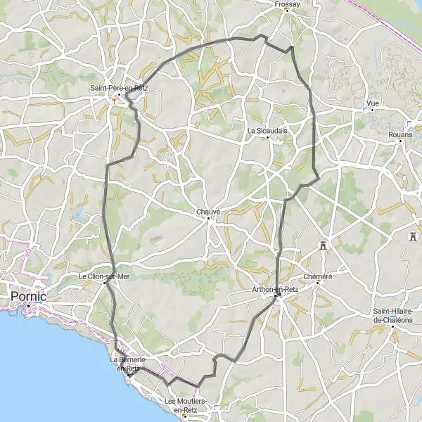 Miniature de la carte de l'inspiration cycliste "Tour de La Bernerie-en-Retz" dans la Pays de la Loire, France. Générée par le planificateur d'itinéraire cycliste Tarmacs.app