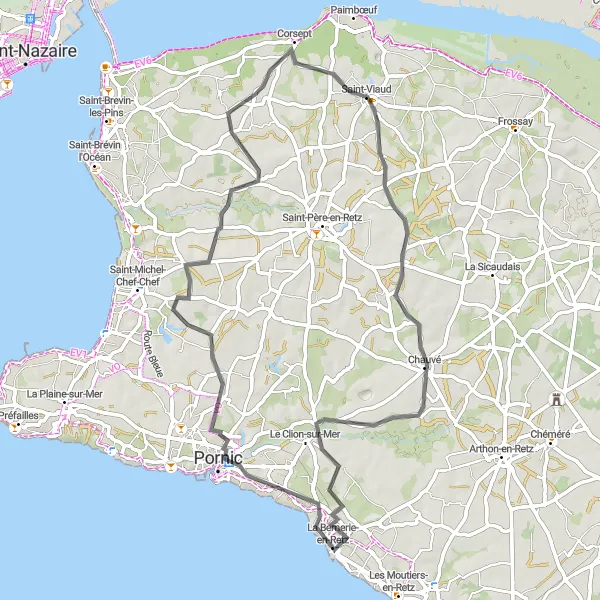 Map miniature of "La Bernerie-en-Retz - La Jaginière Loop" cycling inspiration in Pays de la Loire, France. Generated by Tarmacs.app cycling route planner