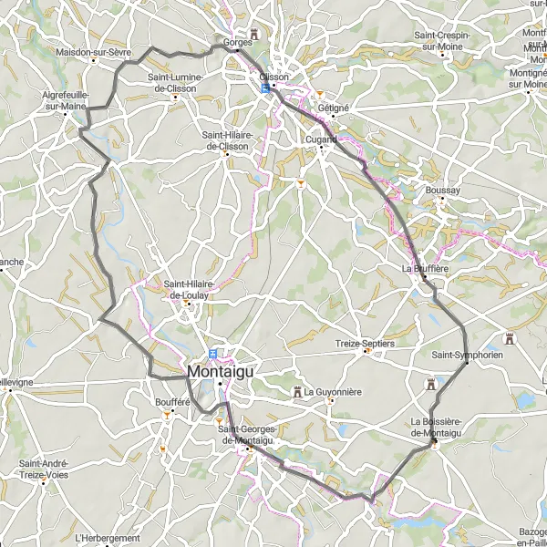 Miniature de la carte de l'inspiration cycliste "La Montaiguoise" dans la Pays de la Loire, France. Générée par le planificateur d'itinéraire cycliste Tarmacs.app