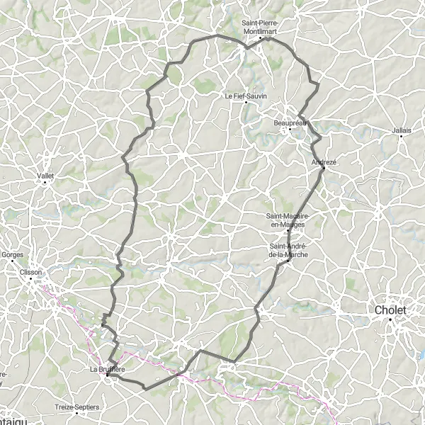 Map miniature of "La Bruffière to Boussay and Tiffauges Castle Loop" cycling inspiration in Pays de la Loire, France. Generated by Tarmacs.app cycling route planner