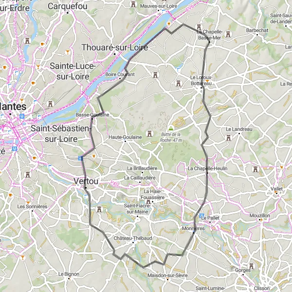 Map miniature of "Road Cycling Exploration: La Chapelle-Heulin" cycling inspiration in Pays de la Loire, France. Generated by Tarmacs.app cycling route planner