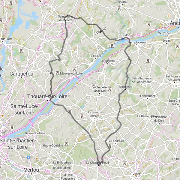 Miniature de la carte de l'inspiration cycliste "Escapade Médiévale vers Oudon" dans la Pays de la Loire, France. Générée par le planificateur d'itinéraire cycliste Tarmacs.app