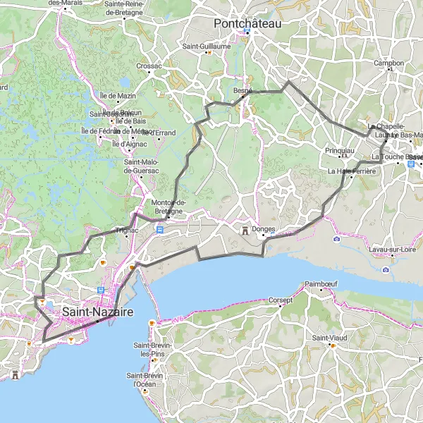 Miniature de la carte de l'inspiration cycliste "Le Circuit de Saint-Nazaire" dans la Pays de la Loire, France. Générée par le planificateur d'itinéraire cycliste Tarmacs.app