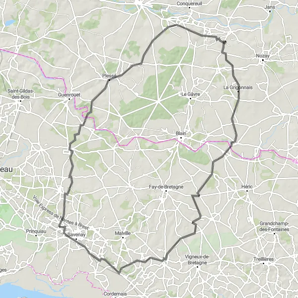 Miniature de la carte de l'inspiration cycliste "Le Défi de Campbon" dans la Pays de la Loire, France. Générée par le planificateur d'itinéraire cycliste Tarmacs.app