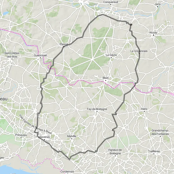 Map miniature of "La Chapelle-Launay to Savenay Loop" cycling inspiration in Pays de la Loire, France. Generated by Tarmacs.app cycling route planner