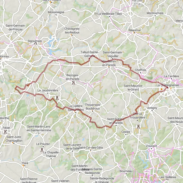 Miniature de la carte de l'inspiration cycliste "Aventure à travers la campagne" dans la Pays de la Loire, France. Générée par le planificateur d'itinéraire cycliste Tarmacs.app