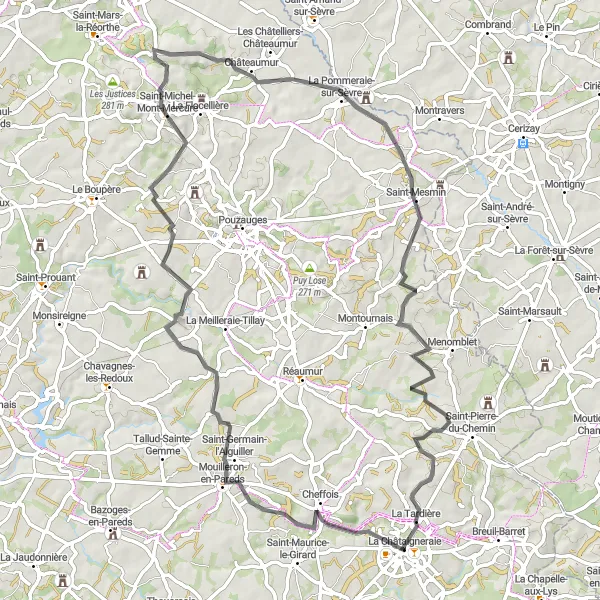 Map miniature of "Scenic Road Cycling Tour near La Châtaigneraie" cycling inspiration in Pays de la Loire, France. Generated by Tarmacs.app cycling route planner