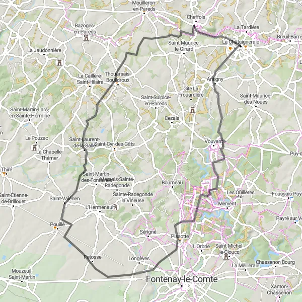 Map miniature of "Road Cycling Tour near La Châtaigneraie" cycling inspiration in Pays de la Loire, France. Generated by Tarmacs.app cycling route planner