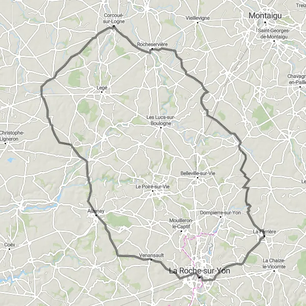 Map miniature of "Countryside Road Cycling Exploration from La Ferrière" cycling inspiration in Pays de la Loire, France. Generated by Tarmacs.app cycling route planner