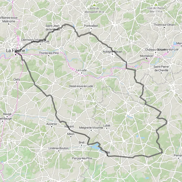 Map miniature of "Loir Valley Loop" cycling inspiration in Pays de la Loire, France. Generated by Tarmacs.app cycling route planner