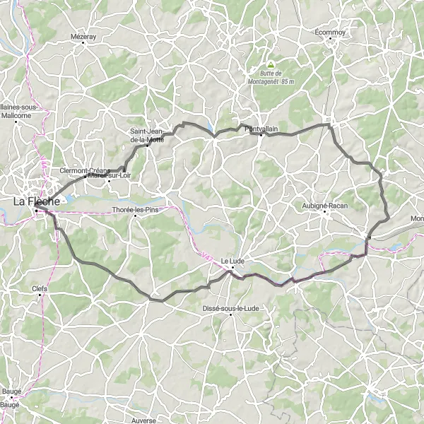 Miniature de la carte de l'inspiration cycliste "Boucle des Châteaux" dans la Pays de la Loire, France. Générée par le planificateur d'itinéraire cycliste Tarmacs.app