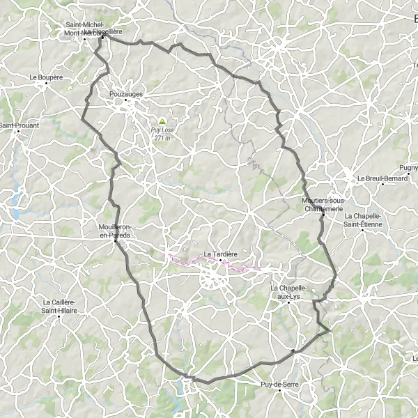 Map miniature of "La Flocellière – Challenging Hills" cycling inspiration in Pays de la Loire, France. Generated by Tarmacs.app cycling route planner