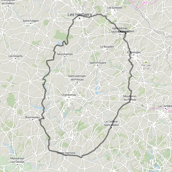 Map miniature of "Bois de la Folie to Mont Mercure" cycling inspiration in Pays de la Loire, France. Generated by Tarmacs.app cycling route planner