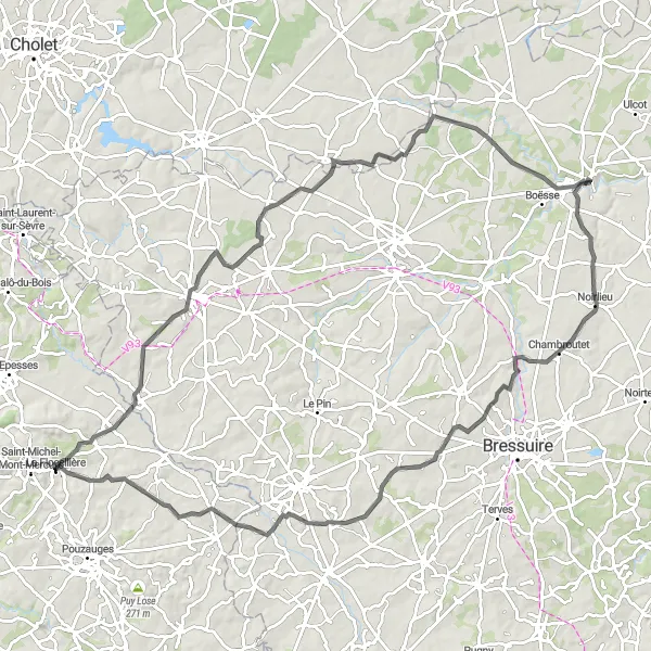 Map miniature of "La Flocellière – Gravel and Rolling Hills" cycling inspiration in Pays de la Loire, France. Generated by Tarmacs.app cycling route planner