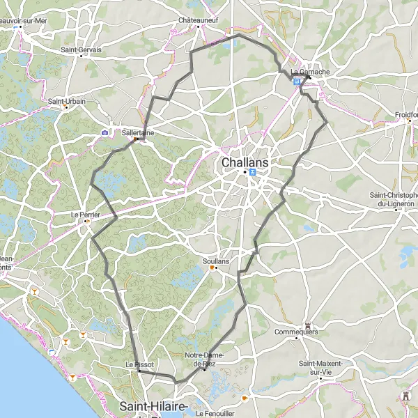 Miniature de la carte de l'inspiration cycliste "Les Chemins de la Vendée Historique" dans la Pays de la Loire, France. Générée par le planificateur d'itinéraire cycliste Tarmacs.app