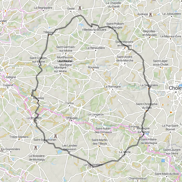 Miniature de la carte de l'inspiration cycliste "Exploration authentique de La Gaubretière à Mortagne-sur-Sèvre" dans la Pays de la Loire, France. Générée par le planificateur d'itinéraire cycliste Tarmacs.app