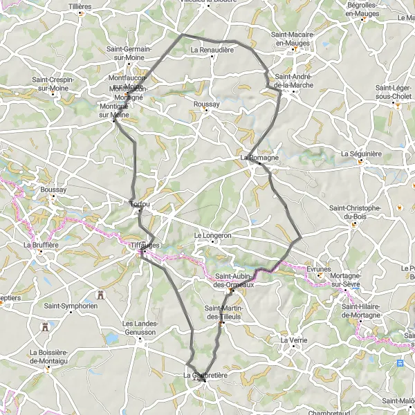 Miniature de la carte de l'inspiration cycliste "Boucle de la Vallée de la Moine" dans la Pays de la Loire, France. Générée par le planificateur d'itinéraire cycliste Tarmacs.app