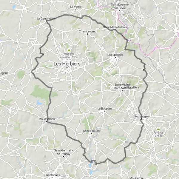 Miniature de la carte de l'inspiration cycliste "Parcours pittoresque de La Gaubretière à Mesnard-la-Barotière" dans la Pays de la Loire, France. Générée par le planificateur d'itinéraire cycliste Tarmacs.app