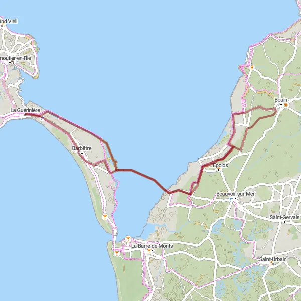 Miniature de la carte de l'inspiration cycliste "Tour de l'Île de Noirmoutier en gravier" dans la Pays de la Loire, France. Générée par le planificateur d'itinéraire cycliste Tarmacs.app