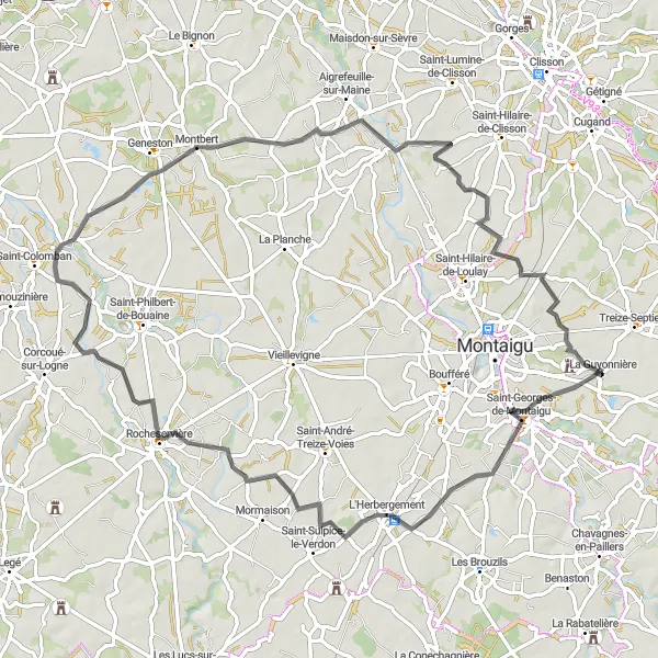 Map miniature of "Saint-Georges-de-Montaigu to La Guyonnière Loop" cycling inspiration in Pays de la Loire, France. Generated by Tarmacs.app cycling route planner