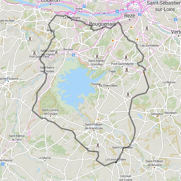 Miniature de la carte de l'inspiration cycliste "Tour des Coteaux Nantais" dans la Pays de la Loire, France. Générée par le planificateur d'itinéraire cycliste Tarmacs.app