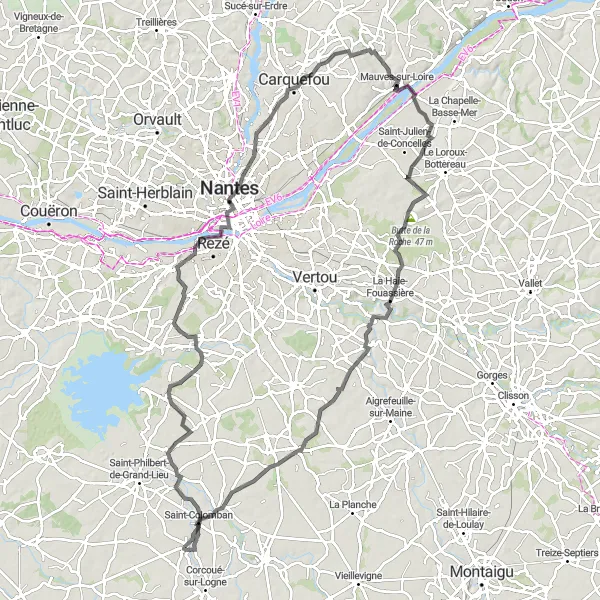 Map miniature of "La Limouzinière to Mauves-sur-Loire and back" cycling inspiration in Pays de la Loire, France. Generated by Tarmacs.app cycling route planner
