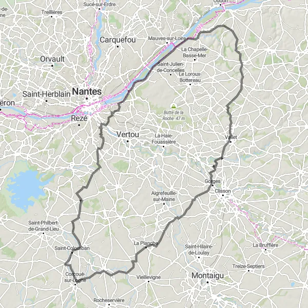 Miniature de la carte de l'inspiration cycliste "Tour des Vignobles de la Loire" dans la Pays de la Loire, France. Générée par le planificateur d'itinéraire cycliste Tarmacs.app