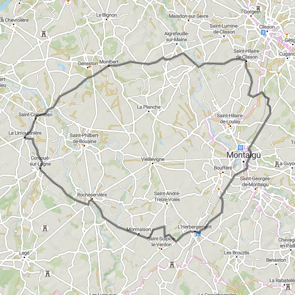 Miniature de la carte de l'inspiration cycliste "La Boucle des Villages de l'Ouest" dans la Pays de la Loire, France. Générée par le planificateur d'itinéraire cycliste Tarmacs.app